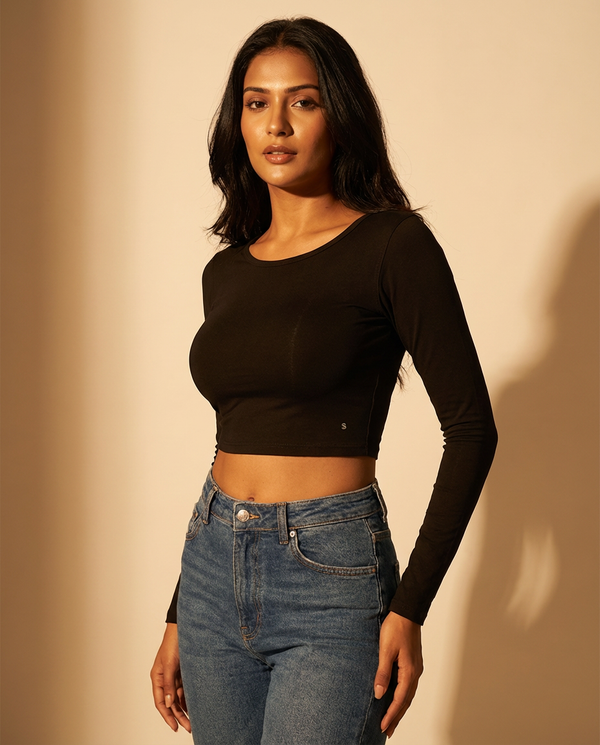 Compression Full-Sleeves Top — Buttery-Soft Athleisure for Indian Women — Compression Full-Sleeves Top — Black, on model