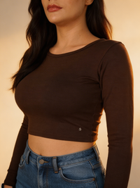 Compression Full Sleeves Top Brown — side view on model, Brown